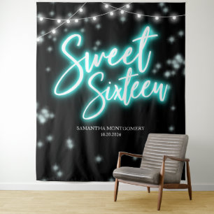 Süße 16 Geburtstags Teal Neon Glow Dunkler Hinterg Wandteppich