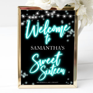 Süße 16 Geburtstags Teal Neon Glow Willkommensschi Poster