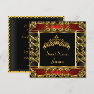 Süße 16. Geburtstags-Tiara in Schwarz Rot Gold Einladung