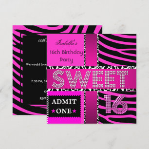 Süße 16 Geburtstags-Zebra-Kuh Hot Pink Schwarz Einladung