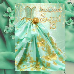 Süße 16. Geburtstagsfeier Mintgrün Gold Kleid Einladung