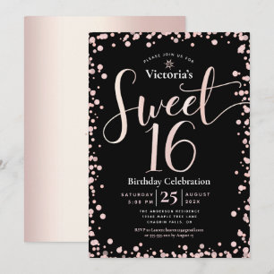 Süße 16. Geburtstagsfeier Schwarze Rose Gold Schri Einladung