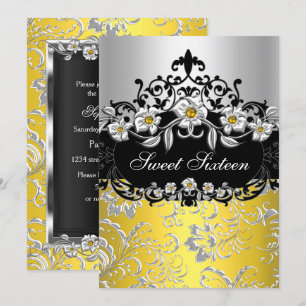 Süße 16 Gelb Silber Schwarz Floral Juwel Party Einladung