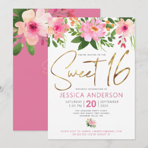 Süße 16 Gold Schrift Blush Pink Floral Wasserfarbe Einladung