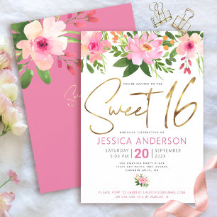 Süße 16 Gold Schrift Blush Pink Floral Wasserfarbe Einladung