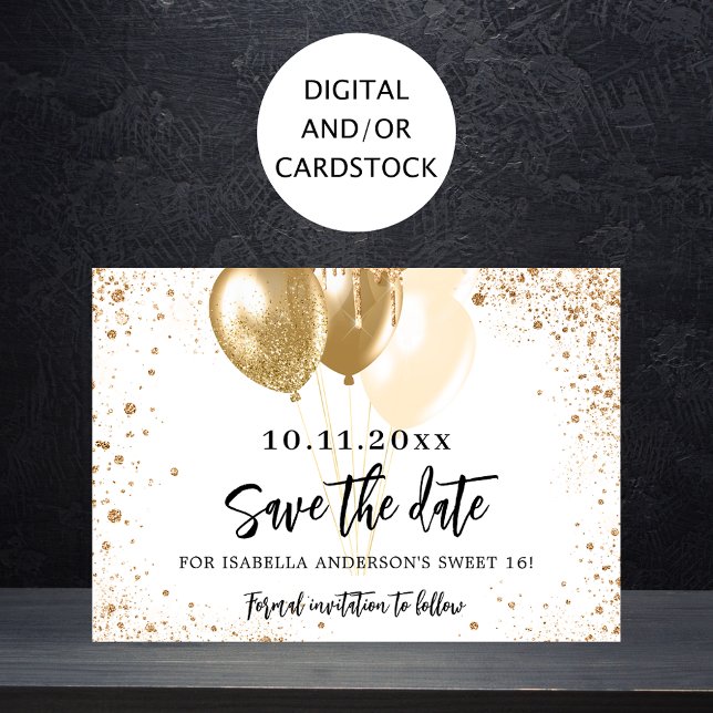 Süße 16 Goldballons Glitzer Party Save The Date (Von Creator hochgeladen)