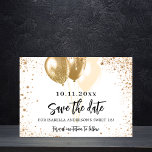 Süße 16 Goldballons Glitzer Save the Date Ankündigungspostkarte<br><div class="desc">Ein schick weißer Hintergrund mit vergoldetem Glitzer und Imitaten. Personalisieren und fügen Sie Datum und Name/Alter hinzu. Der Text: Save the Date ist mit einem großen angesagten,  handgeschriebenen Stilskript geschrieben.</div>