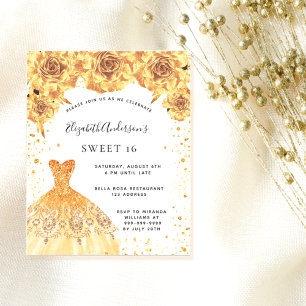Süße 16 Goldkleid Blumen weiße Budget-Einladung Flyer