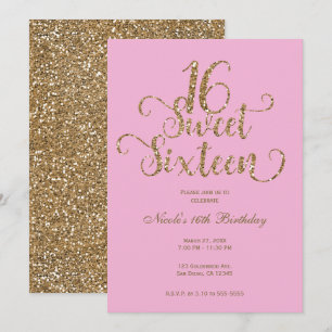 Süße 16 Kaugummi-Rosa & Gold Glitzer Geburtstag Einladung