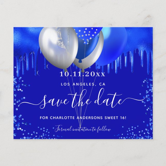 Süße 16 königsblaue Ballons Save the Date Flyer (Vorne)