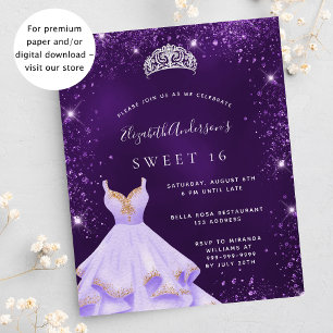 Süße 16 lila Glitzerkleid Budget Einladung Flyer
