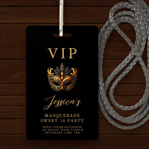 Süße 16 Maskenball Schwarz Gold VIP Einladung Ausweis