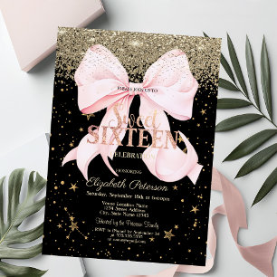 Süße 16 mit rosa Schleife, goldenen Diamanten und Einladung
