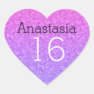 Süße 16 Name Alter Ombre Lila Glitter Funkeln Herz-Aufkleber