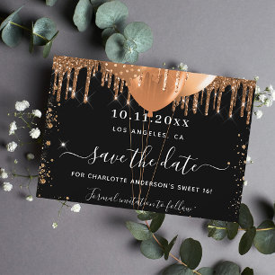Süße 16 Party schwarze Goldballons Save the Date Ankündigungspostkarte