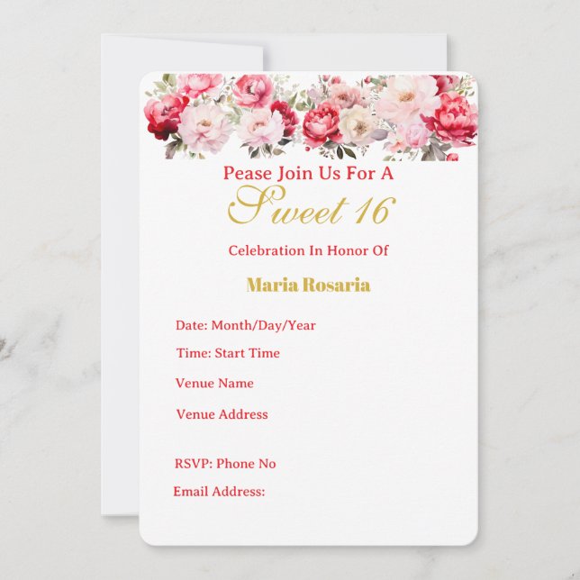 Süße 16 Personalisierte Florale Einladung (Vorderseite)