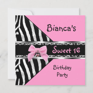 Süße 16 Pink Silber Schwarz Zebra Leopard Geburtst Einladung