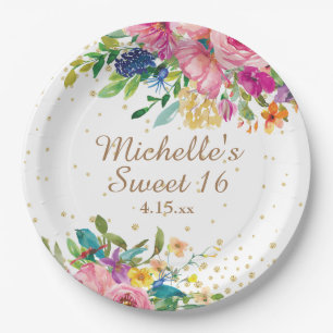 Süße 16 Pinke Wasserfarbe Floral Gold Glitter Pappteller