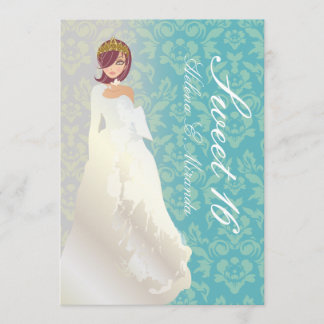 Süße 16/ Prinzessin + aquamariner Damast Einladung