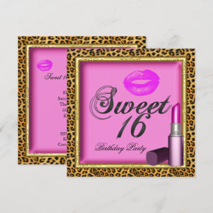Süße 16 rosa Lippen Lippenstift Leopard Gold Einladung