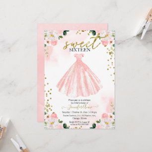 Süße 16 Rosa Wasserfarben Blumen Rosa Kleid Einladung