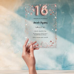 Süße 16 Rose Goldsterne klares Party Acryleinladungen<br><div class="desc">Für eine elegante Sweet 16,  16. Geburtstagsfeier. Ein klarer,  transparenter Hintergrund. Dekoriert mit goldenen Sternen der Rose und Nummer 16,  geschrieben mit einem Schriftart im Stil eines Ballons. Personalisieren Sie Ihren Namen und Ihre Party-Daten und fügen Sie diese hinzu.</div>