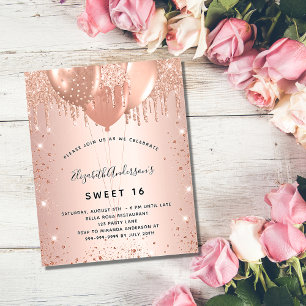 Süße 16 roségoldene Blush Glitter Budget Einladung Flyer