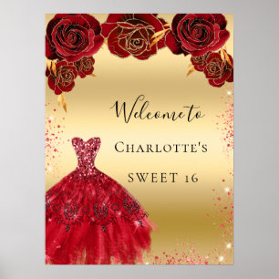 Süße 16 rot gold Kleid Blumen Willkommen Poster