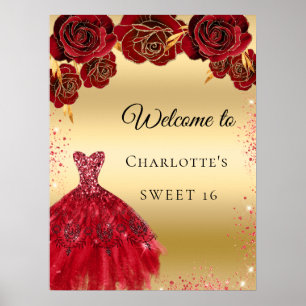 Süße 16 rot gold Kleid Blumen Willkommen Poster