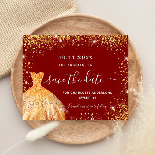 Süße 16 rote Goldkleid Budget Save-the-Date Flyer