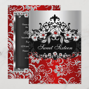 Süße 16 Rote Silber Schwarze Florale Juwelen Party Einladung
