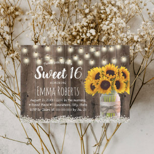 Süße 16 Rustikale Sonnenblumen-Blumen-Glas-Scheune Einladung