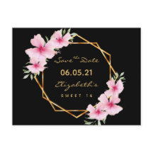 Süße 16 Save the Date schwarze Goldfloralen