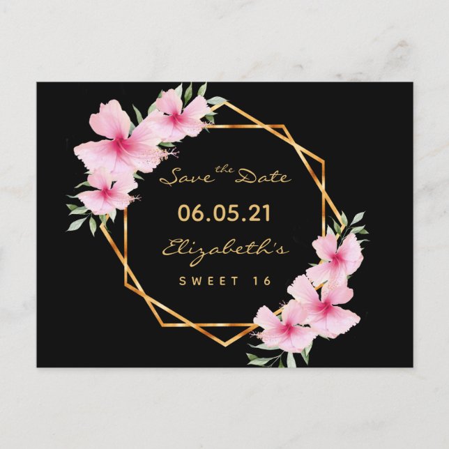 Süße 16 Save the Date schwarze Goldfloralen Postkarte (Vorderseite)