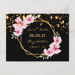 Süße 16 Save the Date schwarze Goldsterne rosa Postkarte