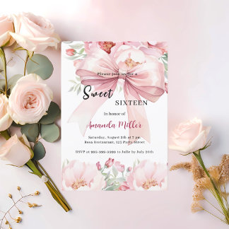 Süße 16 Schleife rosa Aquarellblumen Einladung