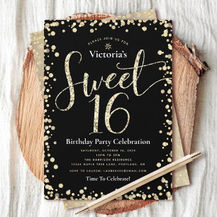 Süße 16 Schwarz-Gold-Glitter-Script-Geburtstag Chi Einladung