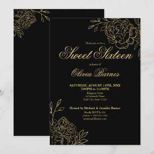 Süße 16 Schwarz-Gold-Linienkunst-Blumen-Blumen Einladung