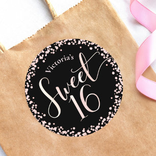 Süße 16 Schwarz Pink Roségold Glitter-Punkt-Geburt Runder Aufkleber