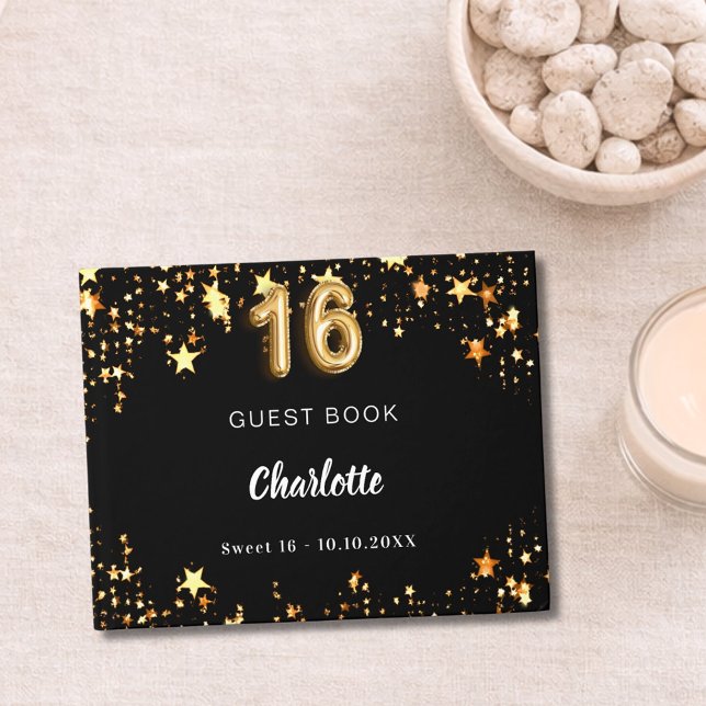 Süße 16 schwarze goldene Sterne Gästebuch (Von Creator hochgeladen)