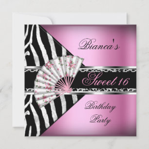 Süße 16 Sechzehn Rosa Fan Schwarz Zebra Leopard Einladung