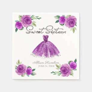 Süße 16 Servietten Silber Lila Kleid Blumenmuster