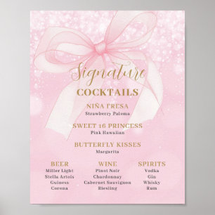 Süße 16 Signature-Cocktails-Menü mit rosa Schleife Poster