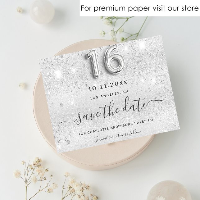 Süße 16 Silber Glitter Funkeln Save-the-Date Flyer (Von Creator hochgeladen)