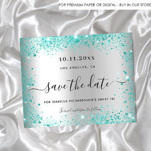 Süße 16 silber teal glitzer budget save-the-date flyer