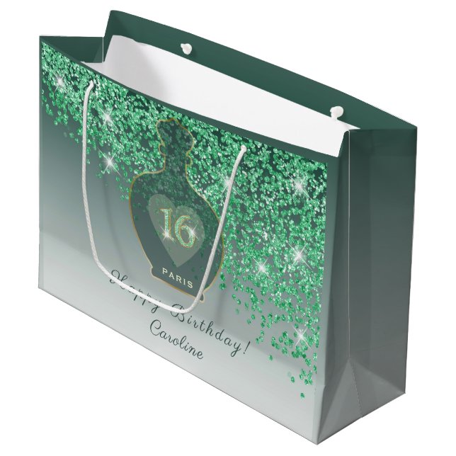 Süße 16 Smaragd Duft Grünes Glitter Große Geschenktüte (Vorderseite Schrägansicht)