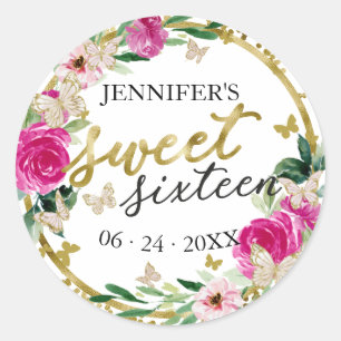Süße 16 Smaragd Heißrosa Gold Floral Schmetterling Runder Aufkleber