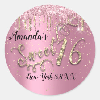 Süße 16. Tredy Glitter Gold Konfetti Pink Tropfen Runder Aufkleber