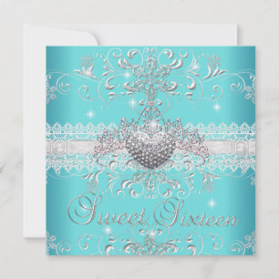 Süße 16 Türkisblaue Glitter-Tiara-Spitzen-Herz Einladung