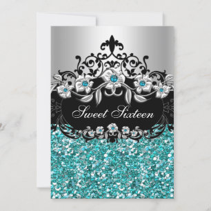 Süße 16 Türkisfarbene Blumen Glitterparty-Einladun Einladung